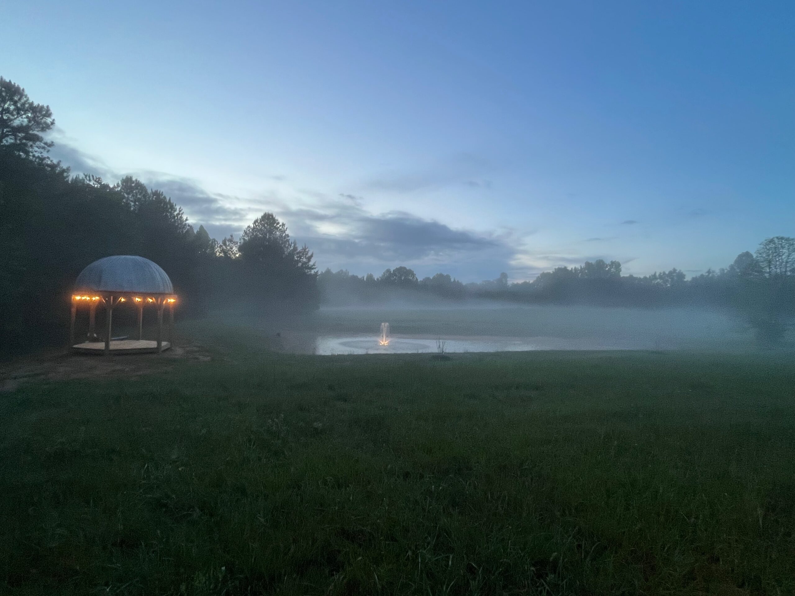 Pond and gazebo in morning early fog at Terre Haute Farm and Retreat Center, Midlothian Virginia.