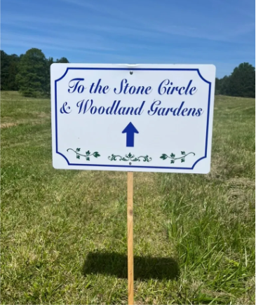 Sign to the Stone Circle and Woodland Gardens of Terre Haute Virginia Retreat Center